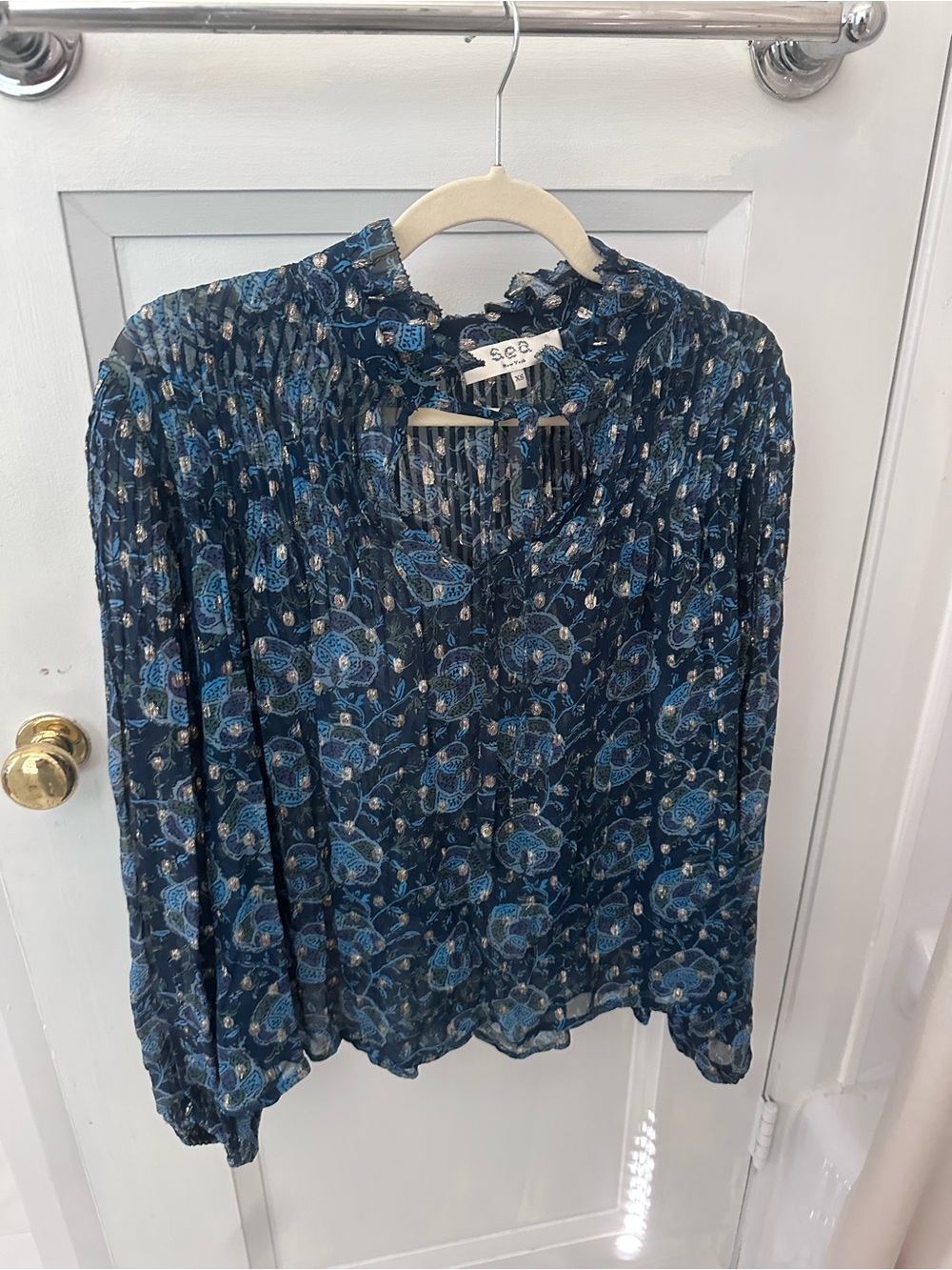 Sea New York Dark Blue Floral Smocked Peasant Blouse